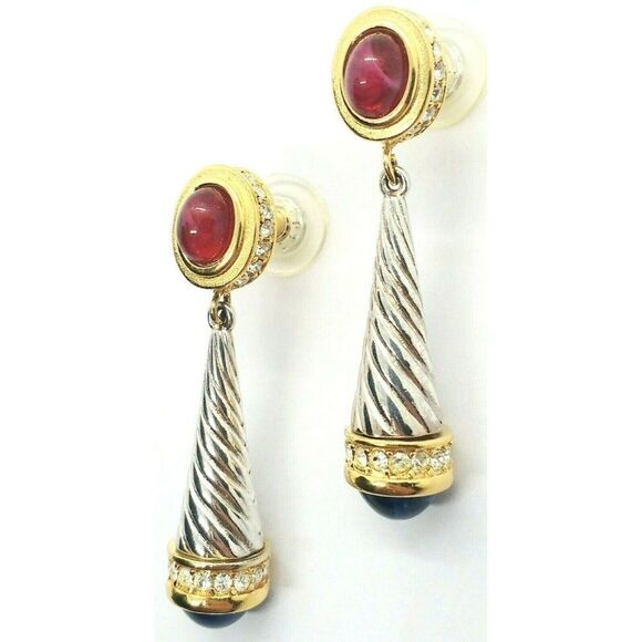 Givenchy Paris Faux Sapphire Ruby Silver & Gold Plated Crystal Dangle Earrings - Picture 1 of 3
